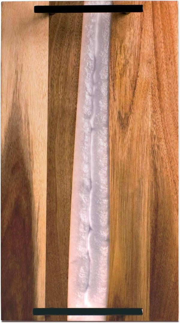 Pearl White Resin & Acacia Wood Serving Tray with Handles – 16x9" Charcuterie Board for Food, Decor & Entertaining