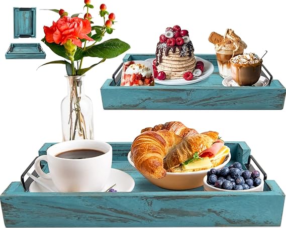 Unique Rustic Wooden Serving Trays with Handle - Set of 3 - Rustic Blue