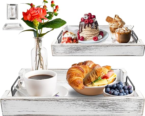 Unique Rustic Wooden Serving Trays with Handle - Set of 3 - Rustic Blue