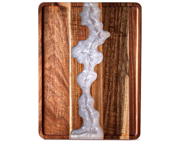Modern 12x16 Pearl White Resin & Acacia Wood Serving Tray – Stylish Tray for Food, Breakfast in Bed, Coffee Table, Décor & More