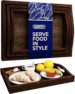 Unique Rustic Wooden Serving Trays with Handle - Set of 3 - Rustic Blue