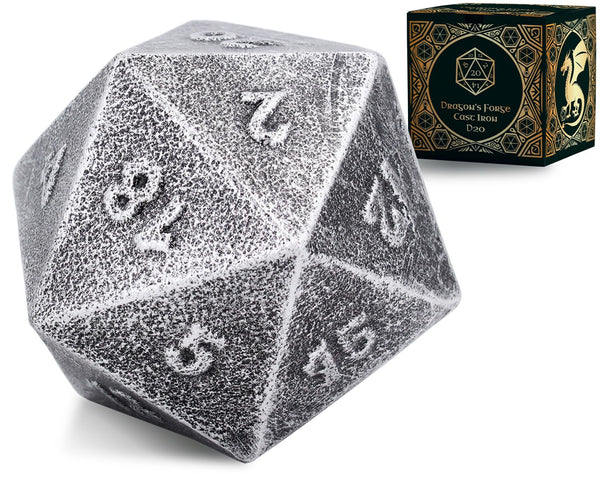 Frosted Iron Cast D20 Dice – Heavy Metal 20-Sided Die for DND & RPG | Weathered Silver Finish | Gift-Ready Display, Paperweight, Collector’s Piece