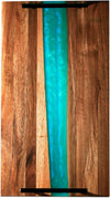 Celeste Blue Resin & Acacia Wood Serving Tray with Handles – 16x9" Decorative Board for Food, Coffee Table, Skincare & More