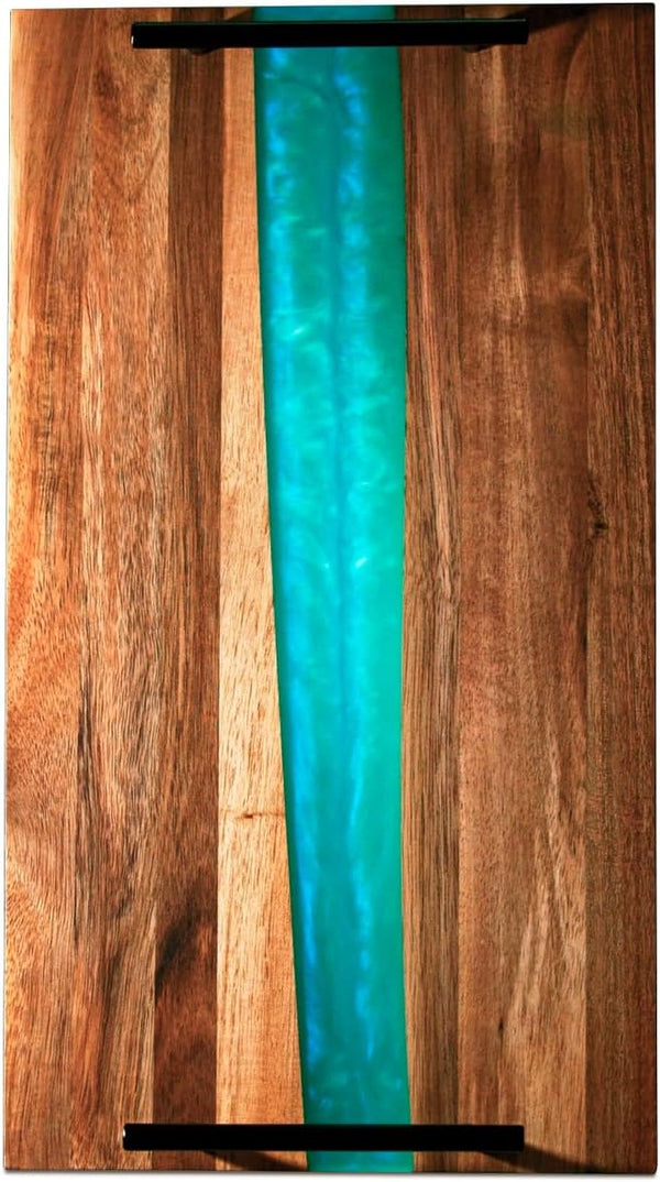Celeste Blue Resin & Acacia Wood Serving Tray with Handles – 16x9" Decorative Board for Food, Coffee Table, Skincare & More