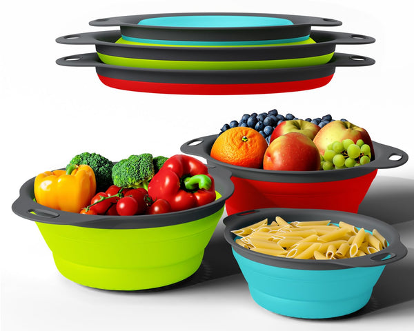 Collapsible Silicone Strainer Set (3-Pack) – Space-Saving Colanders for Pasta, Veggies, Fruits & More – Ideal for Home, Camping & RV Use by Comfify