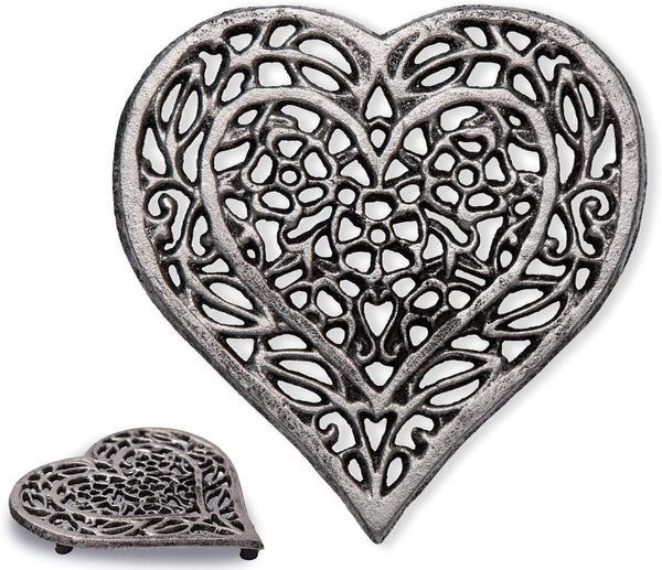 Cast Iron “Heart” Trivet with Rustic Finish and Rubber Pegs