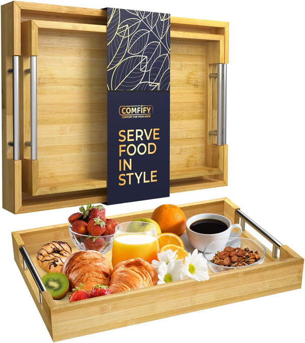 Unique Nesting, Bamboo Serving Trays with Handle – Set of 2