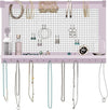 Rustic Wall-Mounted Jewelry Organizer – Pink Wooden Holder with Shelf, Bracelet Rod & 16 Hooks for Earrings & Necklaces