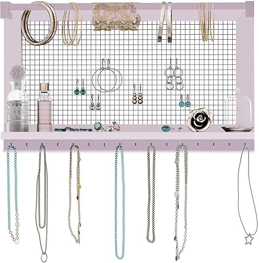 Rustic Wall-Mounted Jewelry Organizer – Pink Wooden Holder with Shelf, Bracelet Rod & 16 Hooks for Earrings & Necklaces