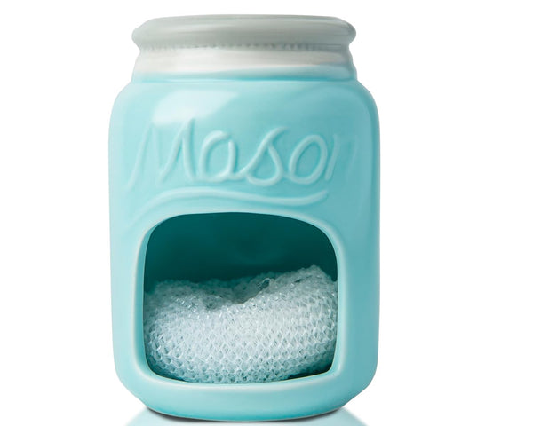 Ceramic Sponge Holder for Kitchen Sink – Farmhouse Mason Jar Style Caddy – Aqua Blue Rustic Décor with Free Sponge