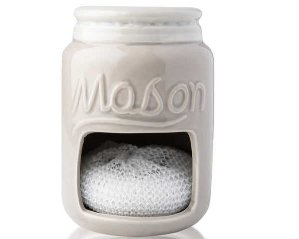 Farmhouse Ceramic Sponge Holder – Rustic Mason Jar Sink Caddy with Free Sponge – Grey Kitchen Decor