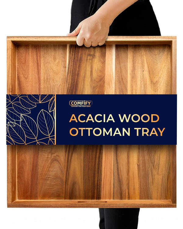 Extra Large 22" Acacia Wood Ottoman Tray with Handles – Square Serving Tray for Food, Drinks, Snacks & Entertaining – Rustic Brown