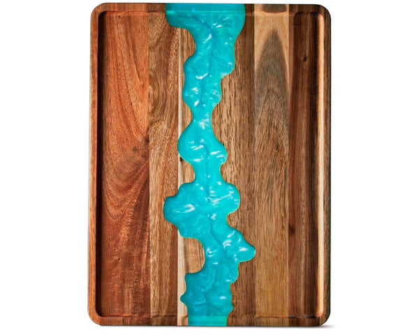 Celeste Blue Resin & Acacia Wood Serving Tray – Modern 12x16 Inch Tray for Serving Food, Breakfast in Bed, Coffee Table Decor, Snacks, Patio, and Organization
