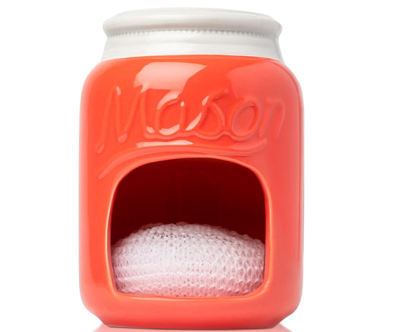 Comfify Coral Ceramic Sponge Holder – Farmhouse Mason Jar Sink Caddy with Free Sponge – Rustic Kitchen & Sink Decor Accessory