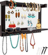Rustic Wall Mounted Jewelry Organizer – Vintage Jewelry Holder with Shelf, Removable Bracelet Rod & 16 Hooks for Earrings, Necklaces & Bracelets