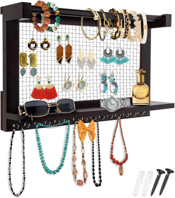 Rustic Wall Mounted Jewelry Organizer – Vintage Jewelry Holder with Shelf, Removable Bracelet Rod & 16 Hooks for Earrings, Necklaces & Bracelets