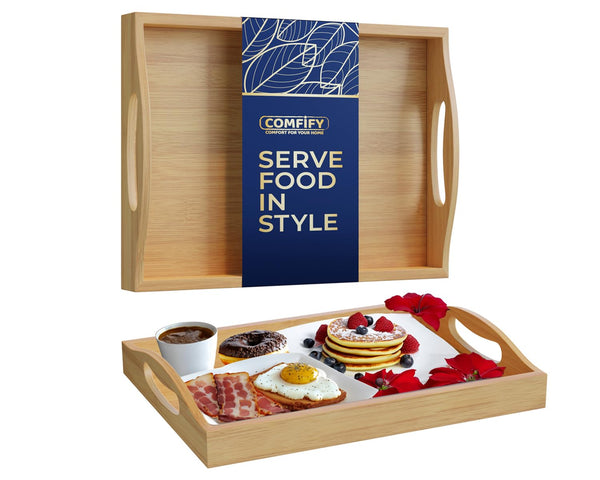 Comfify Bamboo Serving Tray – 1pc Natural Wood Ottoman Tray for Serving, Entertaining & Home Décor – Smooth Edge Design