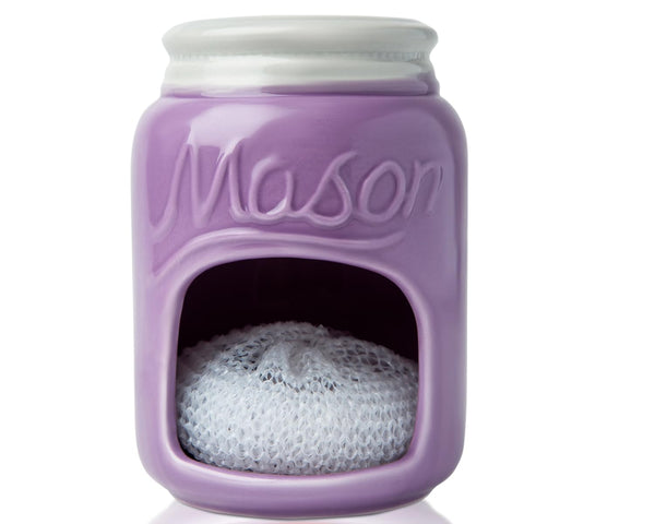 Farmhouse Ceramic Sponge Holder – Purple Mason Jar Sink Caddy with Free Sponge – Rustic Kitchen Decor by Comfify