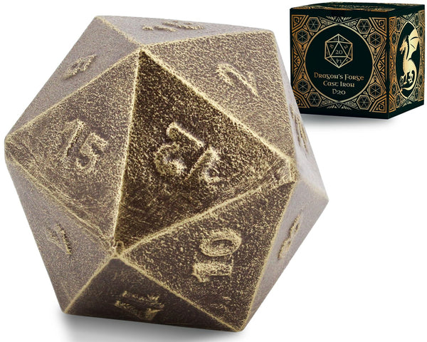 Ancient Gold Cast Iron D20 Dice – Large, Heavy Metal 20-Sided Die for D&D, RPG, Decor & Collectors
