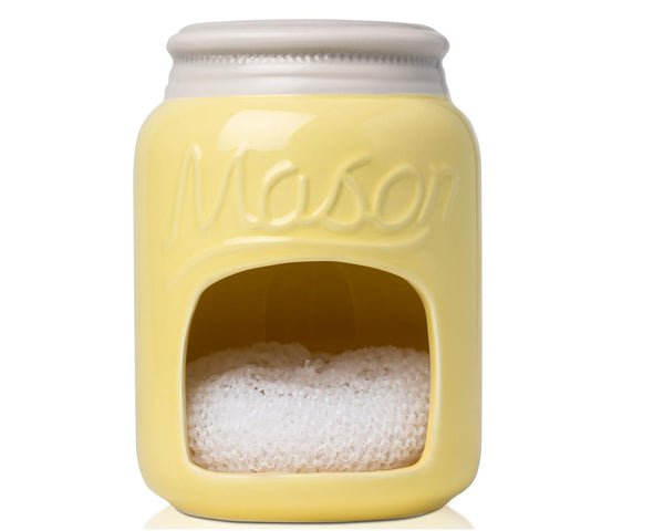 Farmhouse Ceramic Sponge Holder – Mason Jar Sink Caddy in Yellow – Rustic Kitchen Decor with Free Sponge