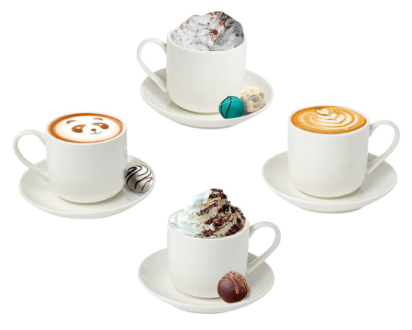Set of 4 White Porcelain Espresso Cups with Matching Saucers – 4 oz Demitasse – 8-Piece Set for Italian, Turkish & Lungo Coffee