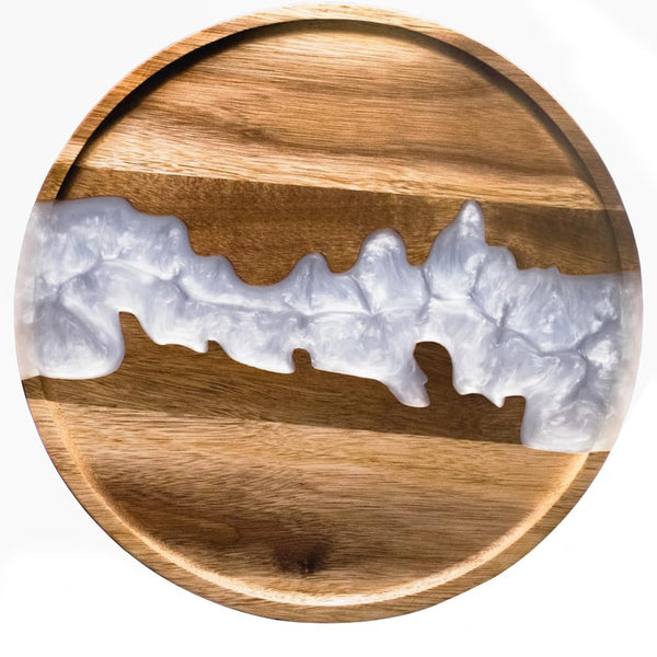 Modern Round 12" Serving Tray – Pearl White Resin & Acacia Wood | Elegant Tray for Food, Coffee Table, Breakfast in Bed & Home Decor