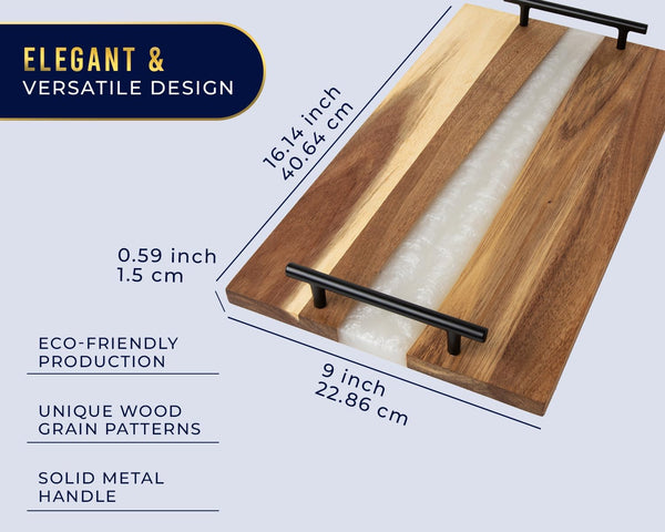 Pearl White Resin & Acacia Wood Serving Tray with Handles – 16x9" Charcuterie Board for Food, Decor & Entertaining