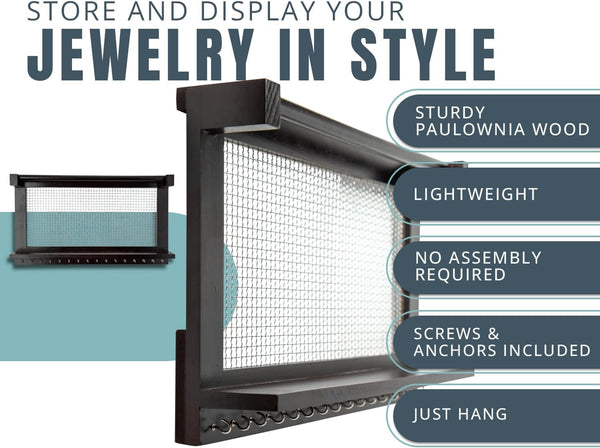 Rustic Wall Mounted Jewelry Organizer – Vintage Jewelry Holder with Shelf, Removable Bracelet Rod & 16 Hooks for Earrings, Necklaces & Bracelets