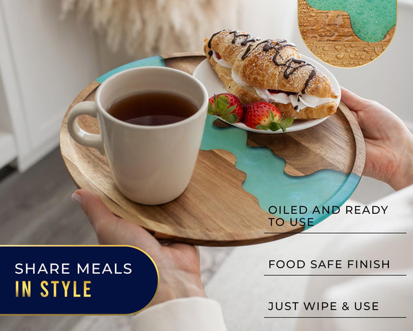 Modern Round Serving Tray – 12" Pearl White Resin & Acacia Wood Tray for Food, Breakfast in Bed, Coffee Table, Decor & More