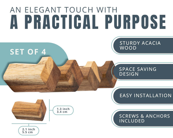 Acacia Wood Wall Hooks – Oval Natural Hangers for Keys, Towels & Accessories – Modern, Space-Saving Entryway & Bathroom Organizer