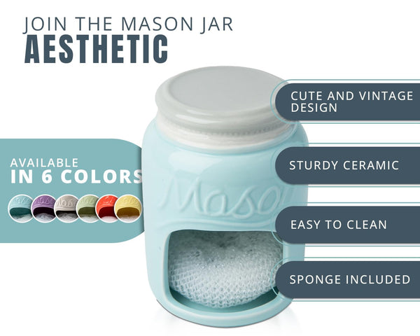 Ceramic Sponge Holder for Kitchen Sink – Farmhouse Mason Jar Style Caddy – Aqua Blue Rustic Décor with Free Sponge
