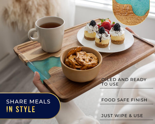 Celeste Blue Resin & Acacia Wood Serving Tray – Modern 12x16 Inch Tray for Serving Food, Breakfast in Bed, Coffee Table Decor, Snacks, Patio, and Organization