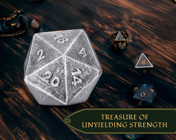 Frosted Iron Cast D20 Dice – Heavy Metal 20-Sided Die for DND & RPG | Weathered Silver Finish | Gift-Ready Display, Paperweight, Collector’s Piece