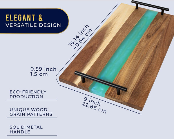 Celeste Blue Resin & Acacia Wood Serving Tray with Handles – 16x9" Decorative Board for Food, Coffee Table, Skincare & More