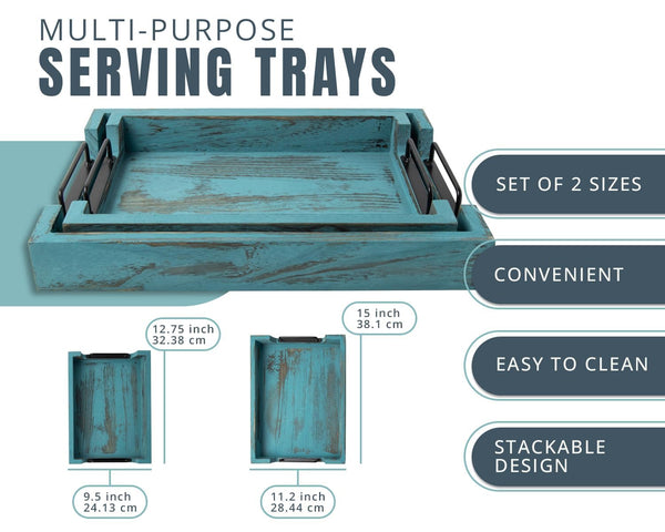 Rustic Blue Wooden Serving Trays with Handles – Set of 2 Nesting Trays (Large & Small) for Breakfast, Coffee Table, Butler & More