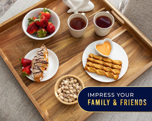 Extra Large 22" Acacia Wood Ottoman Tray with Handles – Square Serving Tray for Food, Drinks, Snacks & Entertaining – Rustic Brown