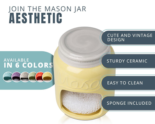 Farmhouse Ceramic Sponge Holder – Mason Jar Sink Caddy in Yellow – Rustic Kitchen Decor with Free Sponge