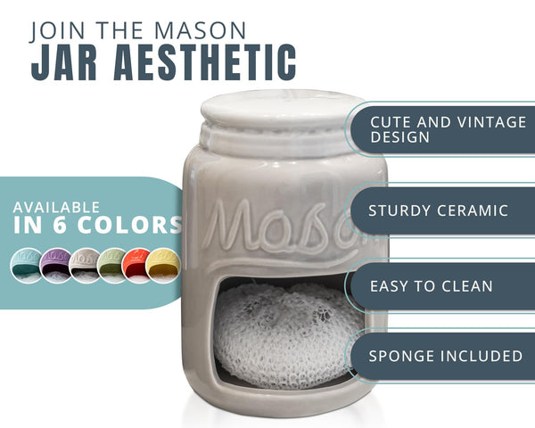 Farmhouse Ceramic Sponge Holder – Rustic Mason Jar Sink Caddy with Free Sponge – Grey Kitchen Decor