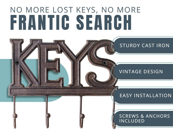 Rustic Farmhouse Wall Key Holder – Vintage Cast Iron Key Rack with 4 Hooks – Decorative Wall Mount Organizer with Screws & Anchors – 6x8” (Brown)