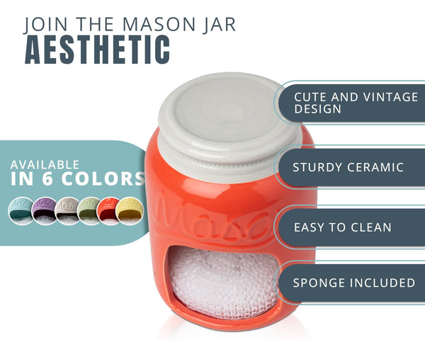 Comfify Coral Ceramic Sponge Holder – Farmhouse Mason Jar Sink Caddy with Free Sponge – Rustic Kitchen & Sink Decor Accessory