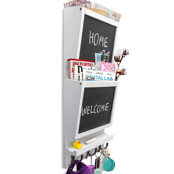 Rustic 2-Slot Mail Sorter Organizer for Wall with Chalkboard Surface & 3 Double Key Hooks