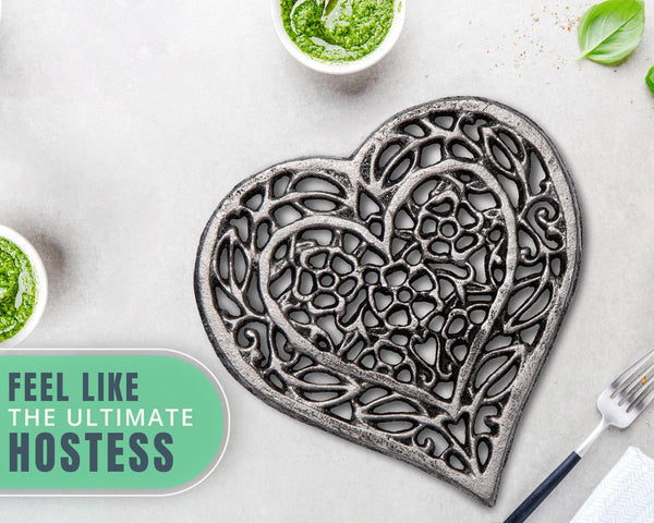 Cast Iron “Heart” Trivet with Rustic Finish and Rubber Pegs