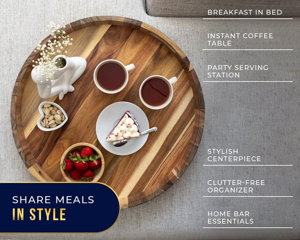 Modern 22" Acacia Wood Round Serving Tray – Oil Finish for Food, Breakfast in Bed, Coffee Table, Snacks, Decor & More