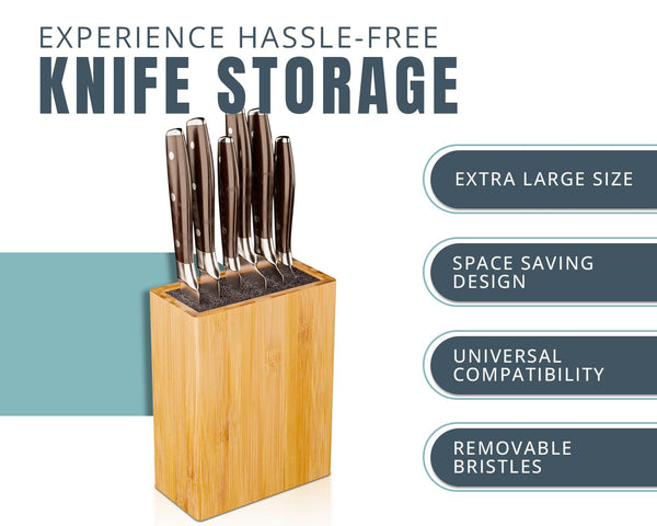 Ergonomic Bamboo Knife Block – Wide Countertop Holder for All Knife Sizes – Sleek, Durable & Versatile Kitchen Organizer