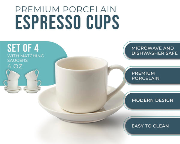Set of 4 White Porcelain Espresso Cups with Matching Saucers – 4 oz Demitasse – 8-Piece Set for Italian, Turkish & Lungo Coffee