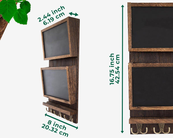 Rustic 2-Slot Mail Sorter Organizer for Wall with Chalkboard Surface & 3 Double Key Hooks