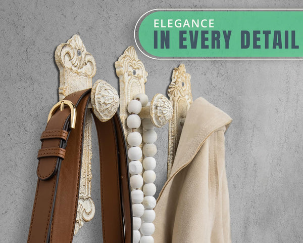 Set of 3 Shabby Chic Cast Iron Wall Hooks – Rustic White "Door Knob" Design – Vintage Decorative Coat Hooks with Screws & Anchors Included