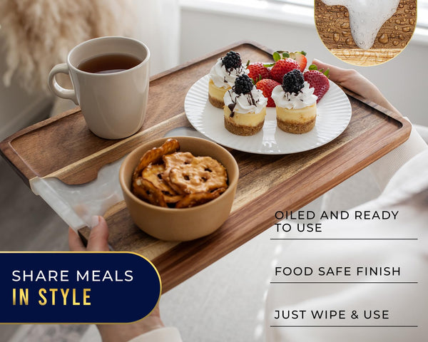 Modern 12x16 Pearl White Resin & Acacia Wood Serving Tray – Stylish Tray for Food, Breakfast in Bed, Coffee Table, Décor & More