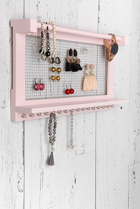 Rustic Wall-Mounted Jewelry Organizer – Pink Wooden Holder with Shelf, Bracelet Rod & 16 Hooks for Earrings & Necklaces