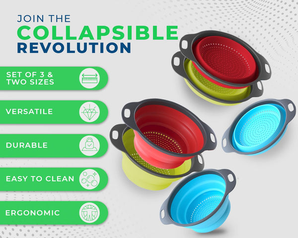Collapsible Silicone Strainer Set (3-Pack) – Space-Saving Colanders for Pasta, Veggies, Fruits & More – Ideal for Home, Camping & RV Use by Comfify